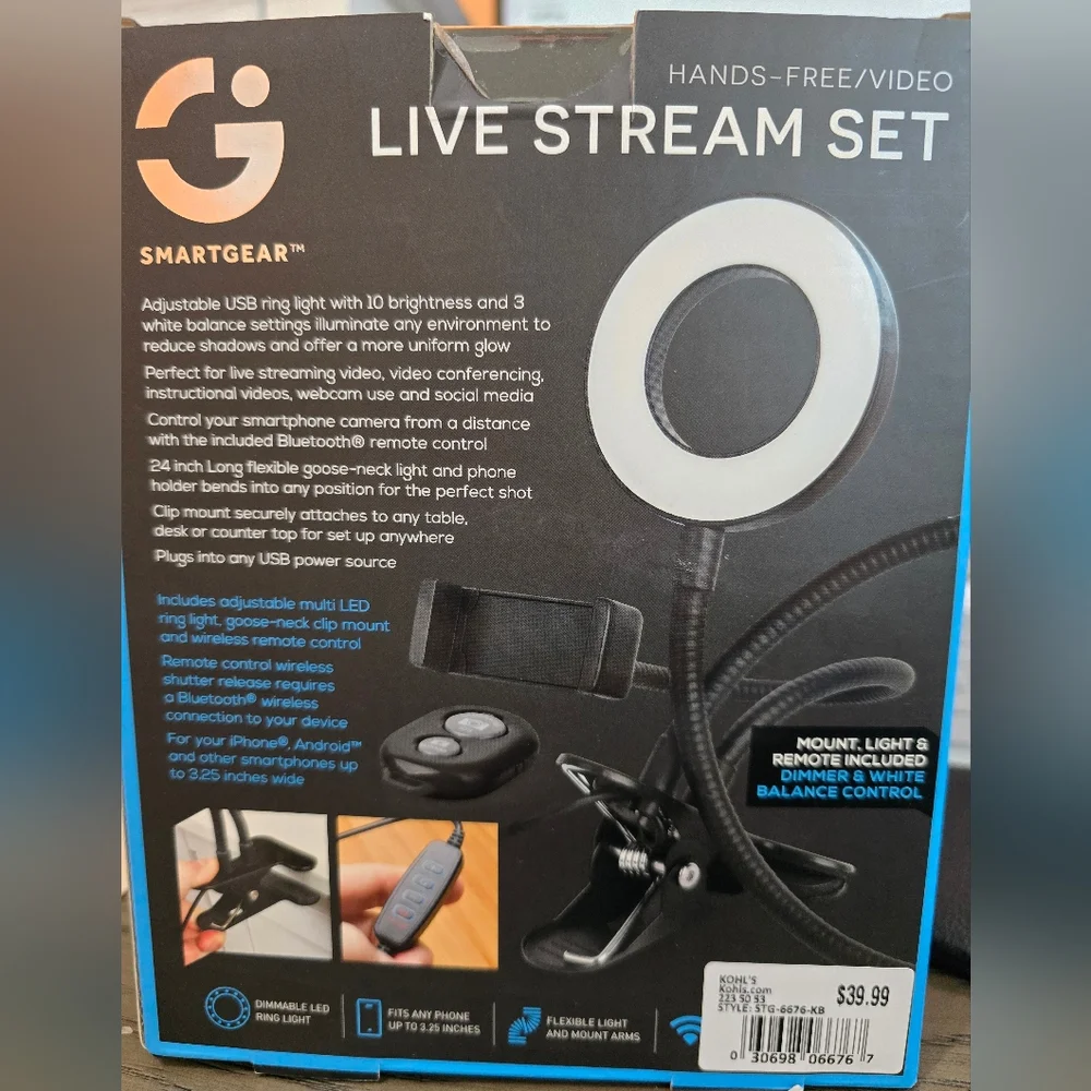 USB Ring Light, Mount, and Remote - New in Box Hands-Free Live Stream Set